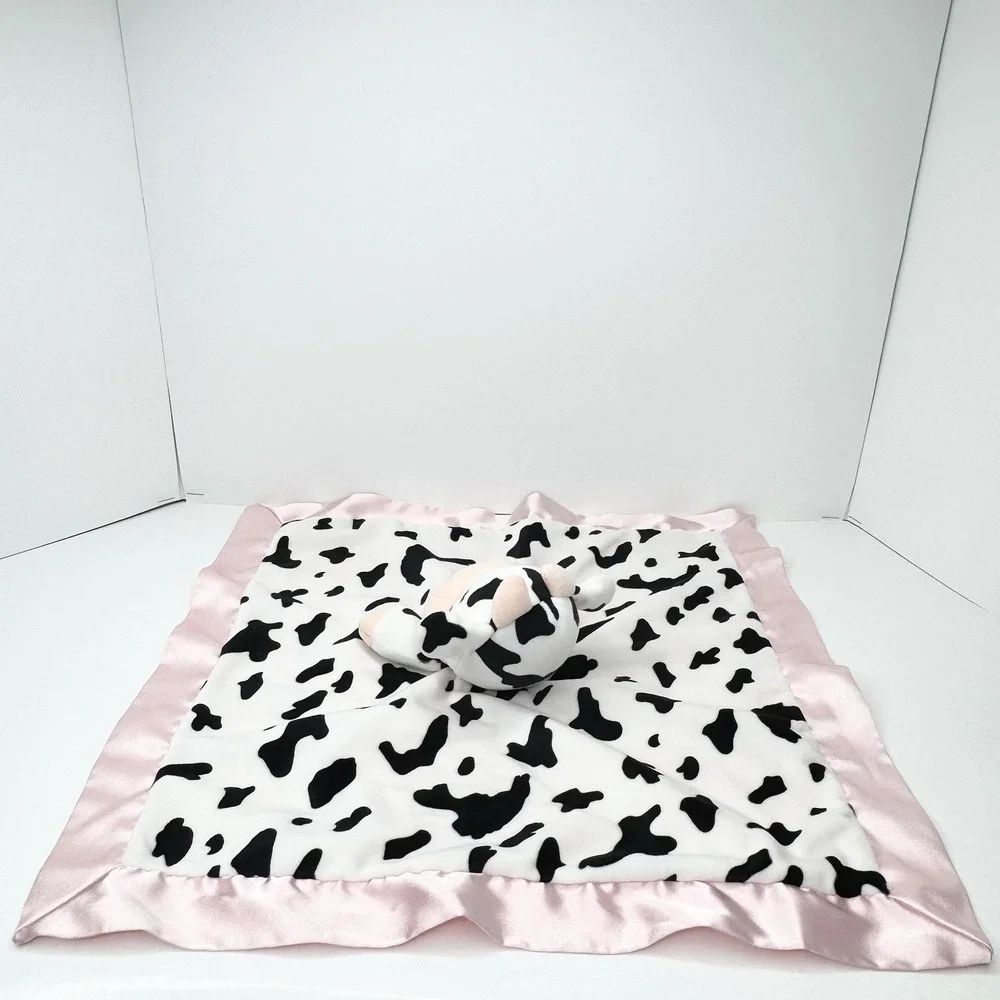 BABYCOLOR Cow Plush Lovey Security Blanket Black White Spotted Pink Satin